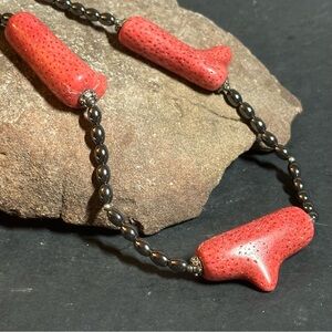 Natural Red Sponge Coral n Black Hematite Necklace. 20” long. Handmade jewelry.